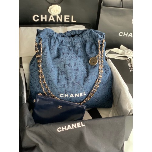 CHANEL 22 GEANTA DE MÂNĂ Denim AS3262 albastru și alb