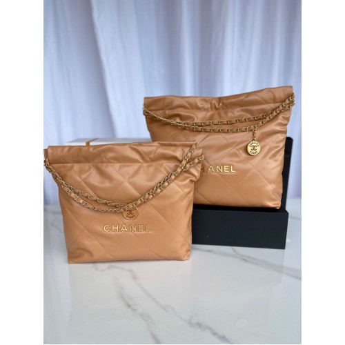 Geantă Chanel 22 din piele de vițel strălucitoare, metal auriu AS3261 AS3260 maro