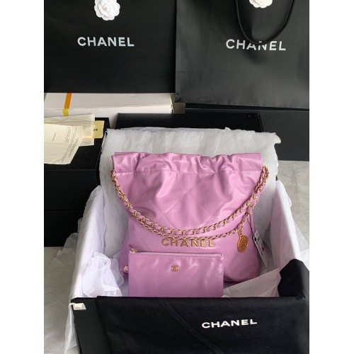 Geantă Chanel 22 din piele de vițel strălucitoare, metal auriu AS3261 AS3260 violet