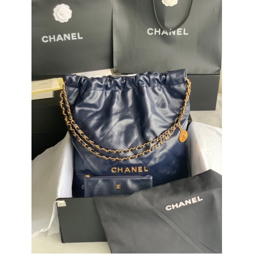 Geantă Chanel 22 din piele de vițel strălucitoare, metal auriu AS3262 albastru închis