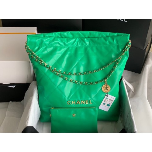Geantă Chanel 22 din piele de vițel strălucitoare, metal auriu AS3262 verde