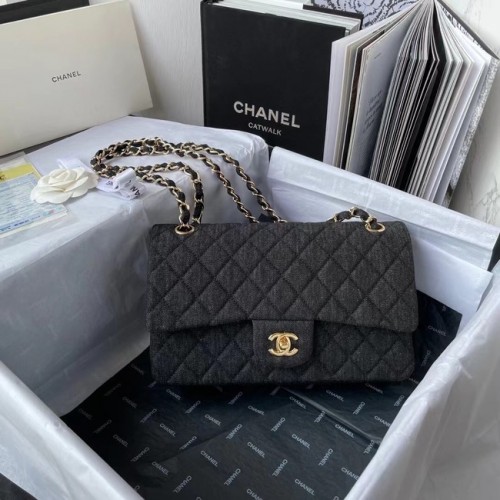 Geantă Chanel Classic Denim imprimat Metal auriu 1112 NEGRU