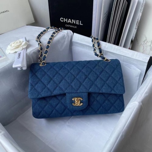 Geantă Chanel Classic Denim imprimat Metal auriu 1112 Albastru