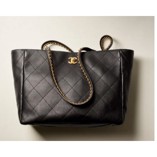 CHANEL Piele de vițel, metal auriu AS3508 negru