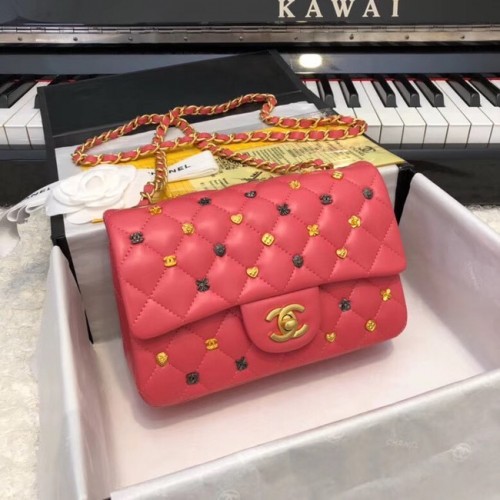 Geantă CHANEL clasică din piele de miel, finisaj auriu ruteniu, A01116 roșu