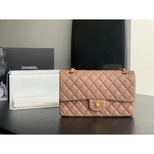 Geantă CHANEL clasică din piele de miel, culoare taupe, 01112, metal auriu