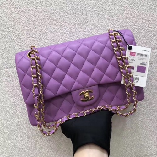 Geantă CHANEL Classic din piele de miel violet 1112, metal auriu
