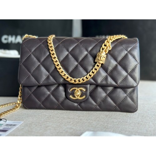 Geantă Chanel cu clapă, piele de miel, metal auriu AS3609 negru