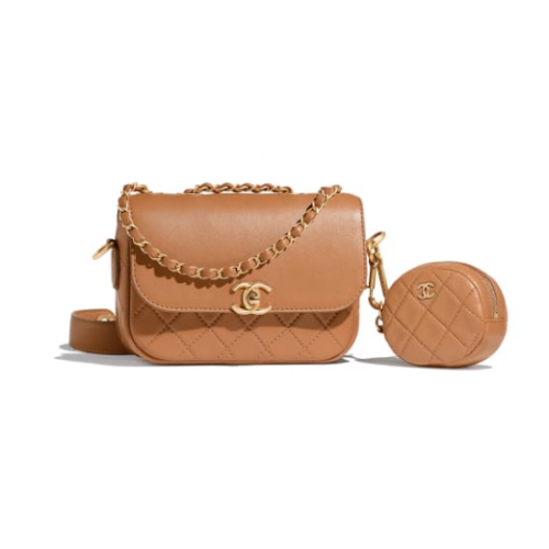 Geantă CHANEL Flap din piele de miel și metal auriu AS1094 Camel