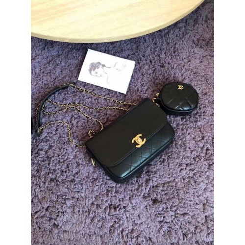 Geantă CHANEL Flap din piele de miel și metal auriu AS1094 neagră