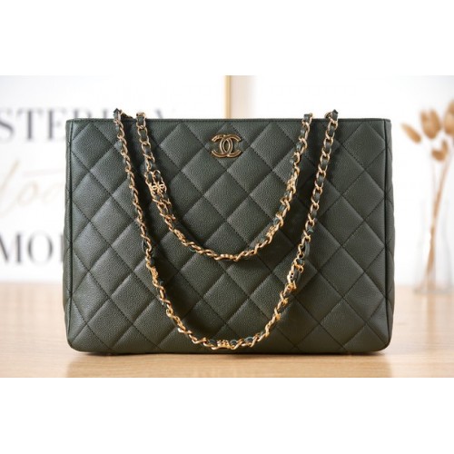 CHANEL Geantă de cumpărături din piele de vițel granulată, metal auriu, AS3583 verde negricios