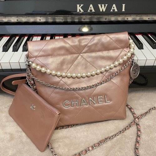 Geantă Chanel Mini 22, piele de vițel metalică, argintiu, AS3989, roz