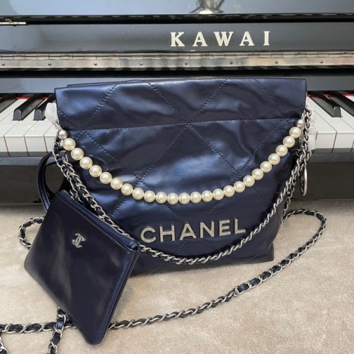 Geantă Chanel Mini 22, piele de vițel metalică, argintiu, AS3989, albastru regal