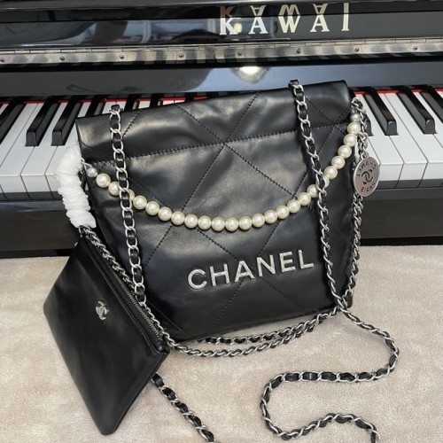 CHANEL MINI 22 GEANTĂ DE MÂNĂ Piele de vițel metalică Argintiu Metal AS3989 negru