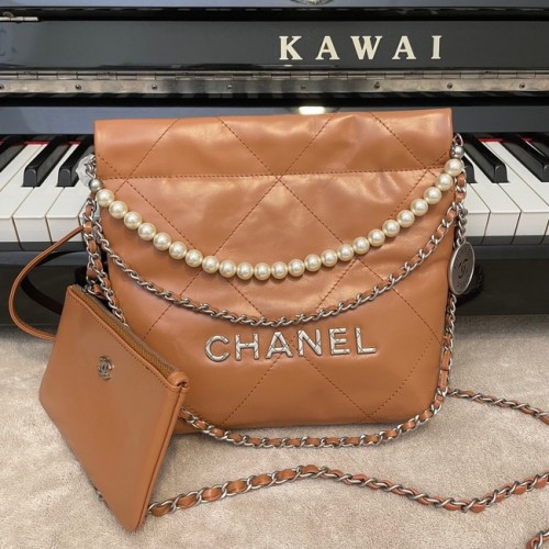 Geantă Chanel Mini 22, piele de vițel metalică, argintiu, AS3989, maro