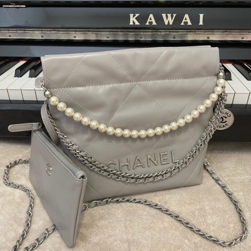 Geantă Chanel Mini 22, piele de vițel metalică, argintiu, gri AS3989