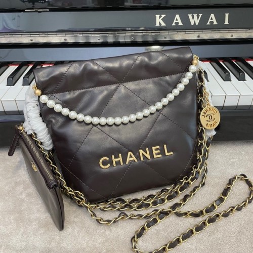 CHANEL MINI 22 GEANTĂ DE MÂNĂ Piele de vițel metalică aurie Metal AS3989 Cafea