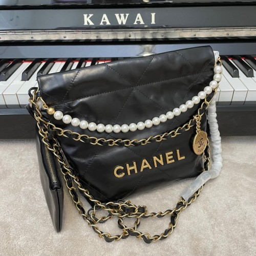 Geantă Chanel Mini 22, piele de vițel metalică, auriu, metal AS3989 negru