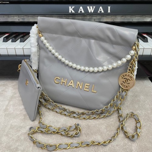 Geantă Chanel Mini 22, piele de vițel metalică, auriu, metal AS3989 gri