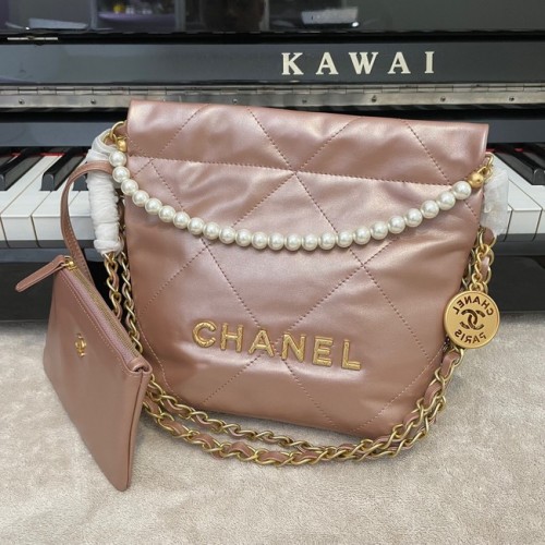 Geantă Chanel Mini 22, piele de vițel metalică, auriu, metal AS3989 roz