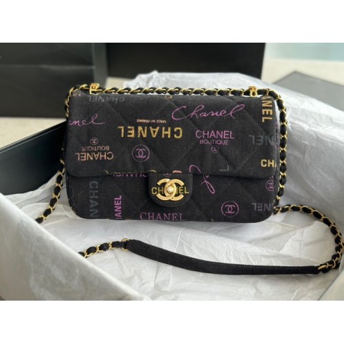 CHANEL Denim imprimat, metal auriu AS3134 negru