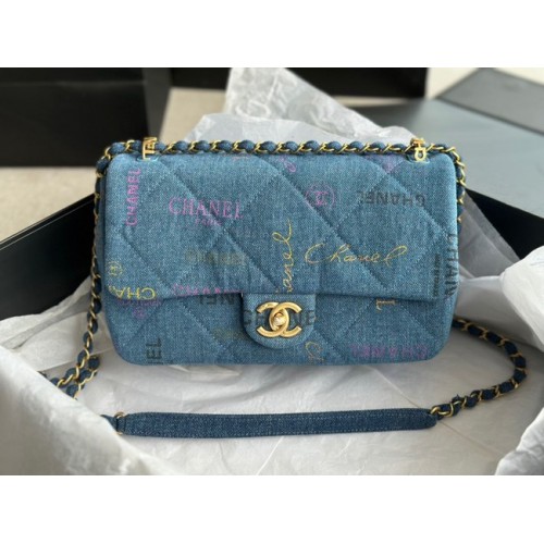 CHANEL Denim imprimat, metal auriu AS3134 albastru