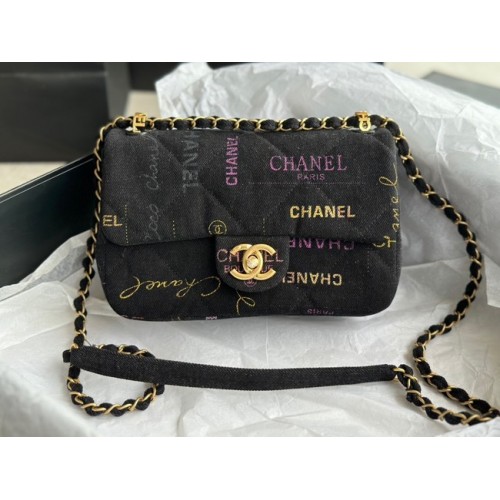 CHANEL Denim imprimat, metal auriu AS3135 negru