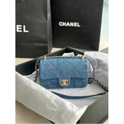 CHANEL Denim imprimat, metal auriu AS3135 albastru