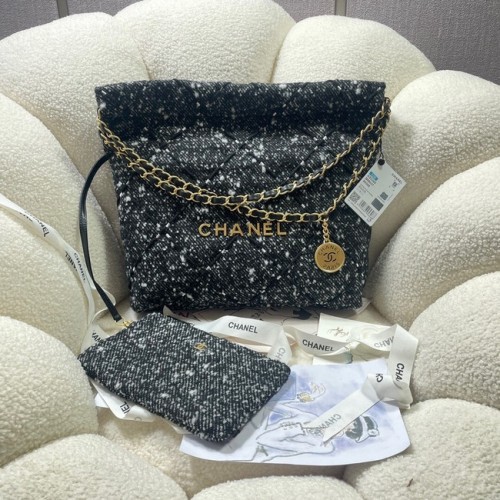CHANEL GEANTĂ MICĂ 22 tweed metal auriu AS3260 NEGRU