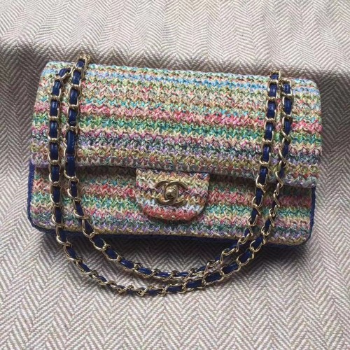 CHANEL Tweed din piele de vițel împletită, metal auriu 1112 multicolor și albastru