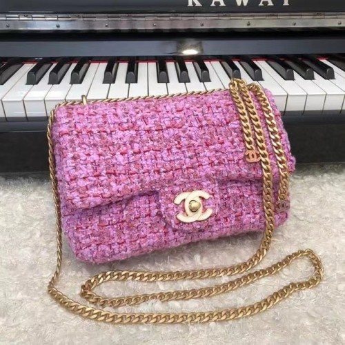CHANEL Tweed împletit din piele de vițel, metal auriu AS3114 prună