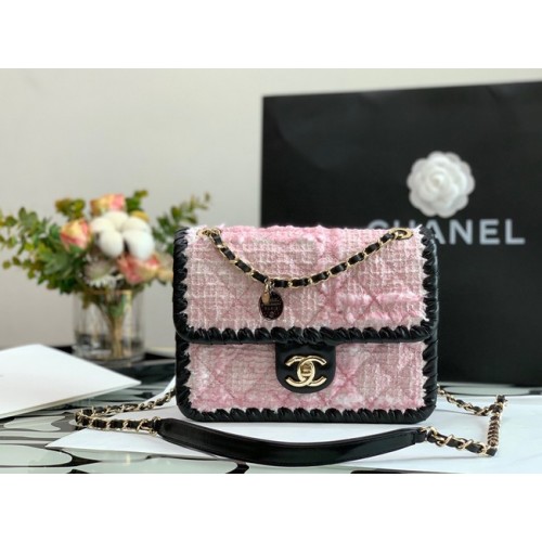 CHANEL Tweed din piele de vițel împletită, metal auriu AS6075 roz