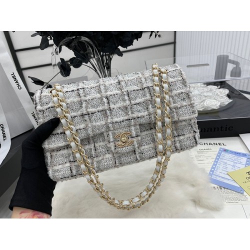 CHANEL Tweed împletit din piele de oaie, metal auriu AS01112-1 gri