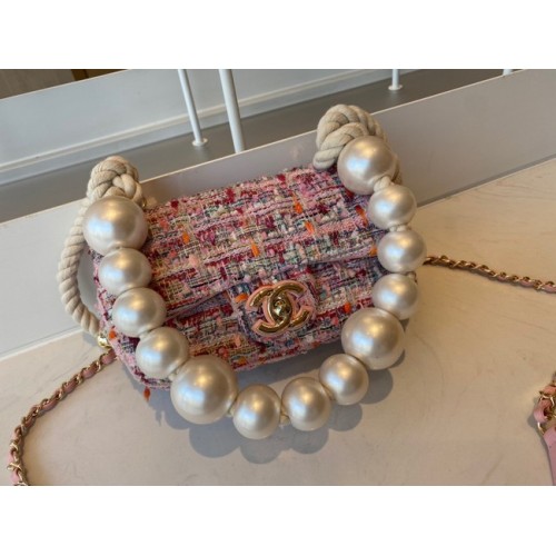 CHANEL Tweed împletit din piele de oaie, metal auriu AS0593 roz