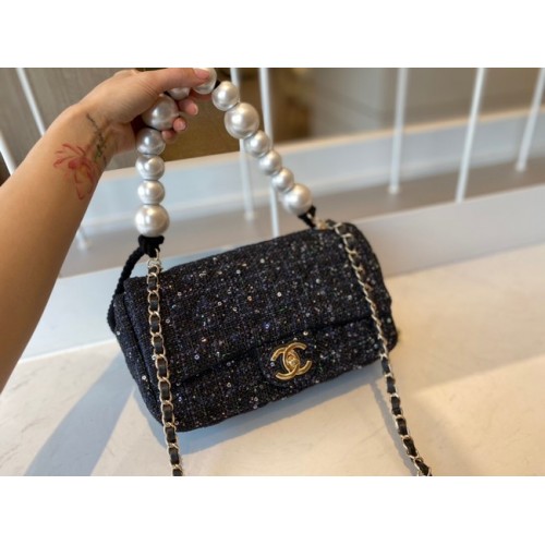 CHANEL Tweed împletit din piele de oaie, metal auriu AS0594 negru