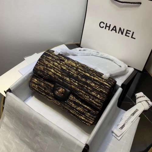 CHANEL Tweed din piele de vițel - Metal auriu 1112 negru