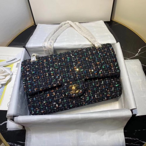 CHANEL Tweed din piele de vițel - nuanță aurie - metal 1112 albastru închis