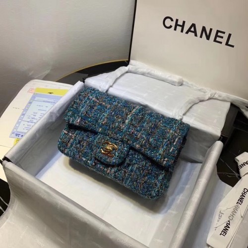 CHANEL Tweed din piele de vițel - nuanță aurie - metal 1116 albastru