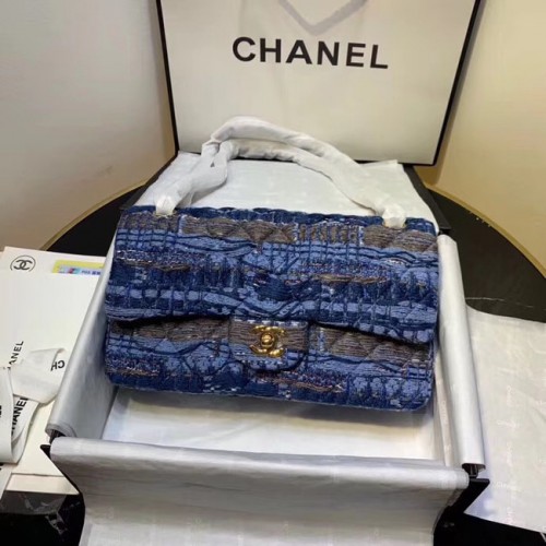 CHANEL Tweed din piele de vițel - Metal auriu AS1112 albastru