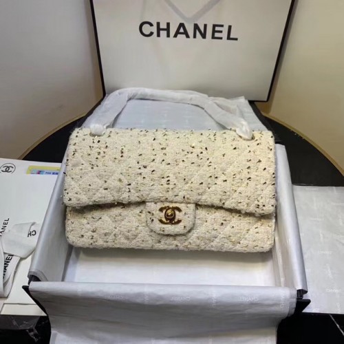 CHANEL Tweed din piele de vițel - Metal auriu AS1112 alb
