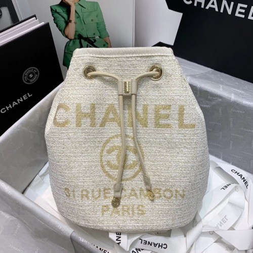 Geantă CHANEL Tweed din piele de vițel cu șnur metalic auriu 60588 alb