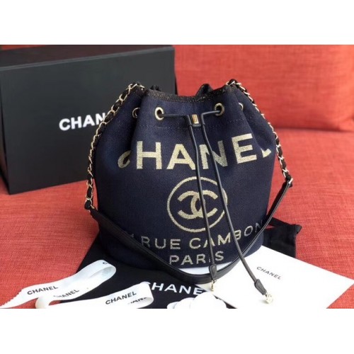 Geantă CHANEL Tweed din piele de vițel cu șnur metalic auriu AS0455 Bleumarin