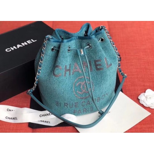 Geantă CHANEL Tweed din piele de vițel cu șnur metalic auriu AS0455 albastru