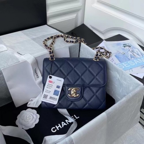 Geantă CHANEL mini cu clapă AS2468 Albastru marin