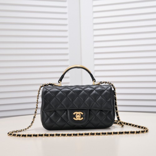 Geantă CHANEL 22B mini CF cu clapă și mâner superior auriu AS2431 Negru
