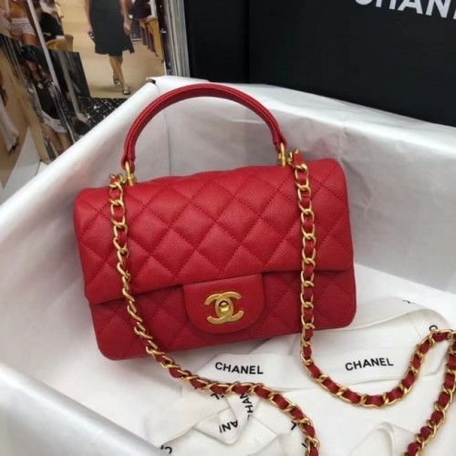 Geantă CHANEL mini cu clapă și mâner superior AS2431 roșie