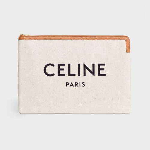 Celine PUNGĂ MARE DE CLUTCH DIN BUMBAC CU IMPRIMEU CELINE ȘI PIELE DE VIȚEL 10B802B MARO