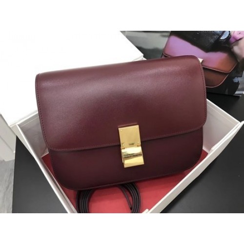 Geantă Celine Classic Box Flap, piele de vițel originală, 3378, vin roșu