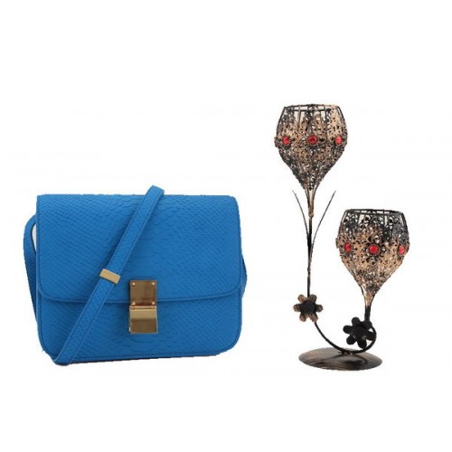 Geantă Celine Classic Box Small Flap din piele netedă 11042 albastră