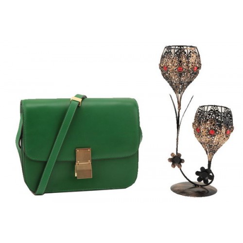 Geantă Celine Classic Box Small Flap din piele netedă 11042 Verde